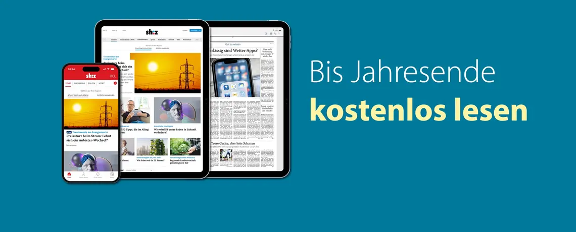 Nachrichtenprodukte des sh:z auf dem Smartphone, Tablet als Website und als E-Paper. Daneben steht "Bis Jahresende kostenlos lesen".