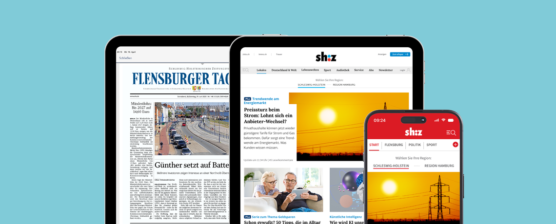 Tablet mit shz E-Paper und Tablet mit shz Website nebeneinander, daneben Handy mit shz News-App. Hintergrund in türkis.