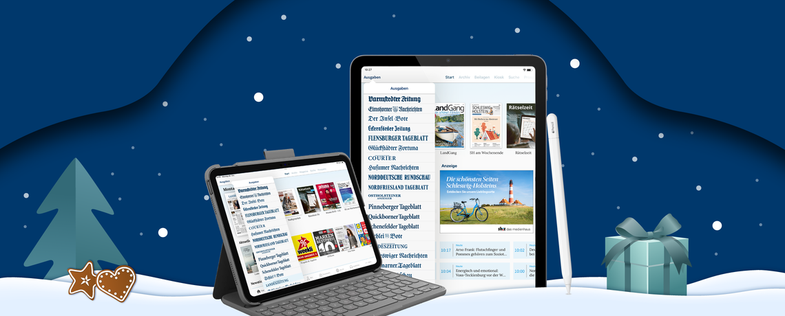 Ein iPad 11 mit Tastatur und eines mit Stift vor einer Winterlandschaft