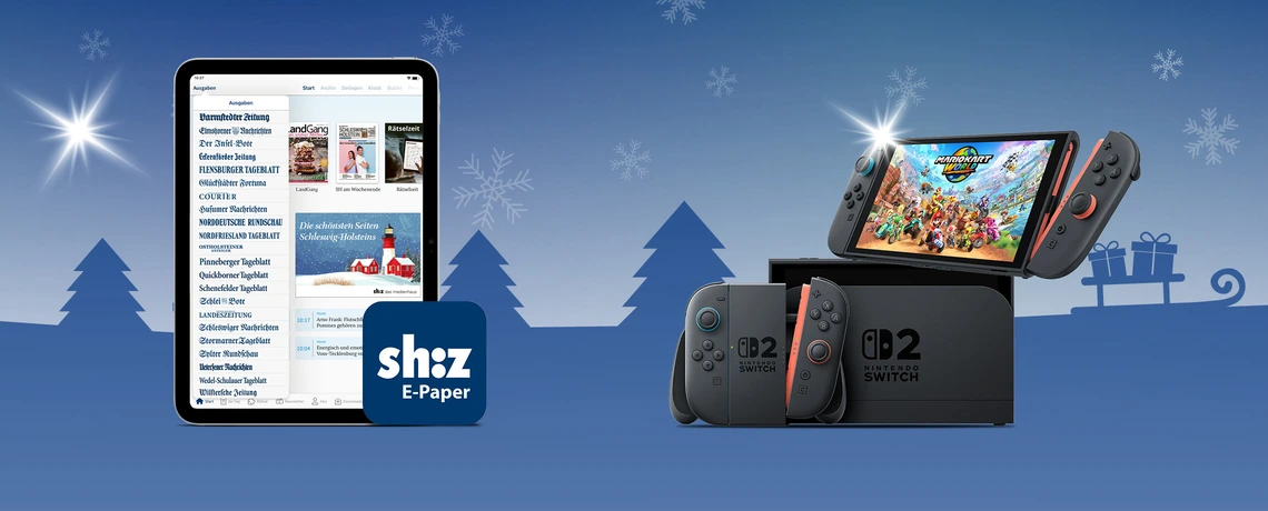 Abbildung Nintendo Switch 2 auf wolkigem Hintergrund und Tablet im Vordergrund