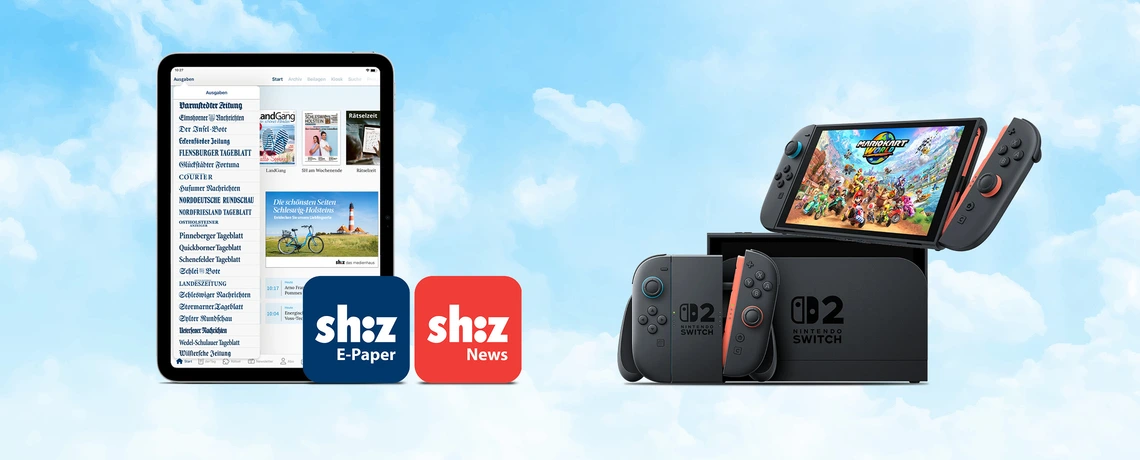 Abbildung Nintendo Switch 2 auf wolkigem Hintergrund und Tablet im Vordergrund