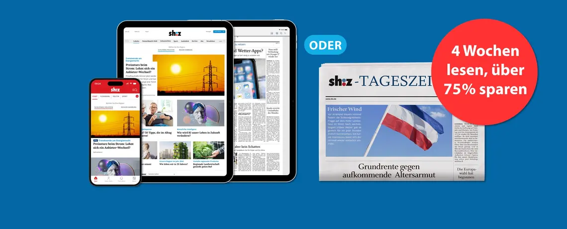 Abbildung der digitalen Zeitung auf dem Smartphone und Tablets. Nebenstehend die gedruckte sh:z Zeitung, darüber ein "ODER" und ein roter Störer mit Text "4 Wochen lesen, über 75% sparen"
