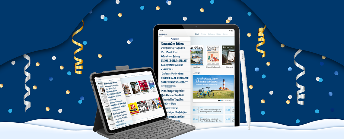 Ein iPad 11 mit Tastatur und eines mit Stift vor einer Silvesterlandschaft