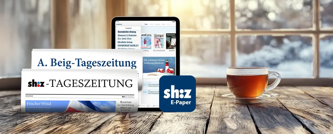 Abbildung Zeitungsrollen und Tablet mit einem sh:z News icon