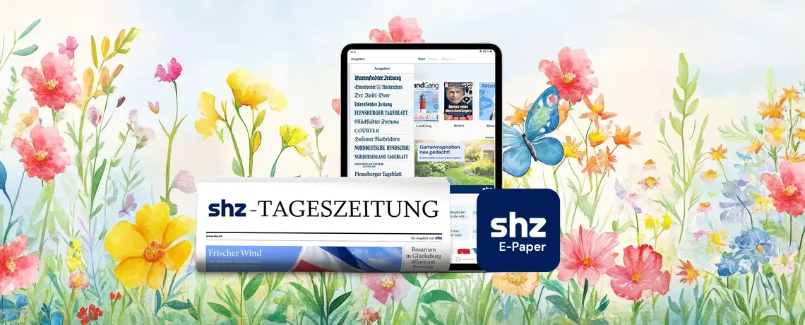 Frühlingshintergrund mit Abbildung der shz Tageszeitung sowie des shz E-Paper App Icon