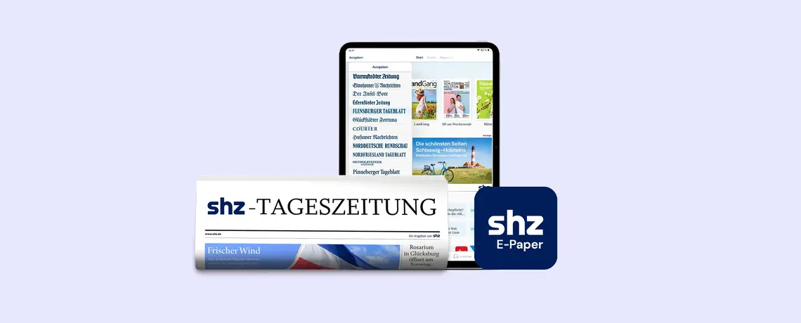 Tageszeitung und Tablet mit shz E-Paper Logo
