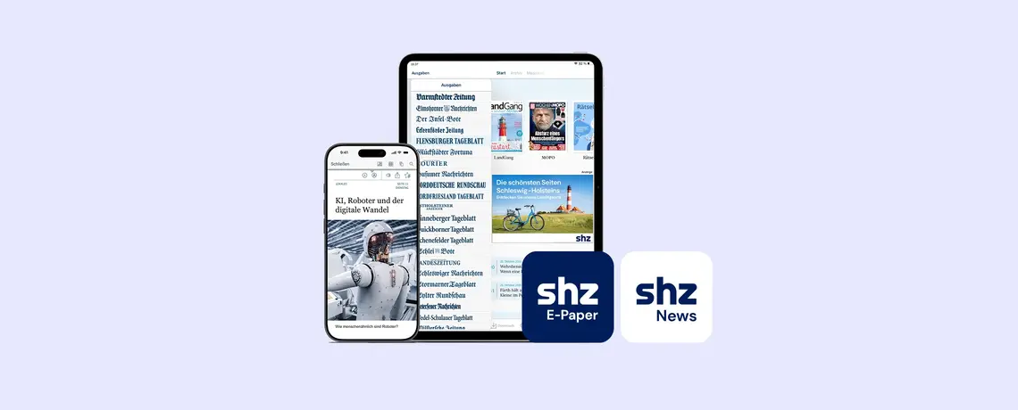 Abbildung eines Smartphones und Tablets mit shz App Icons