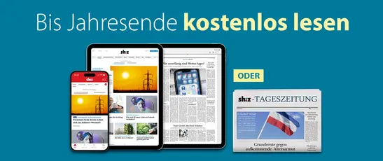 Abbildung der digitalen Nachrichtenprodukte des sh:z mit einem "oder" über der gedruckten Zeitung und der Überschrift "Bis Jahresende kostenlos lesen"