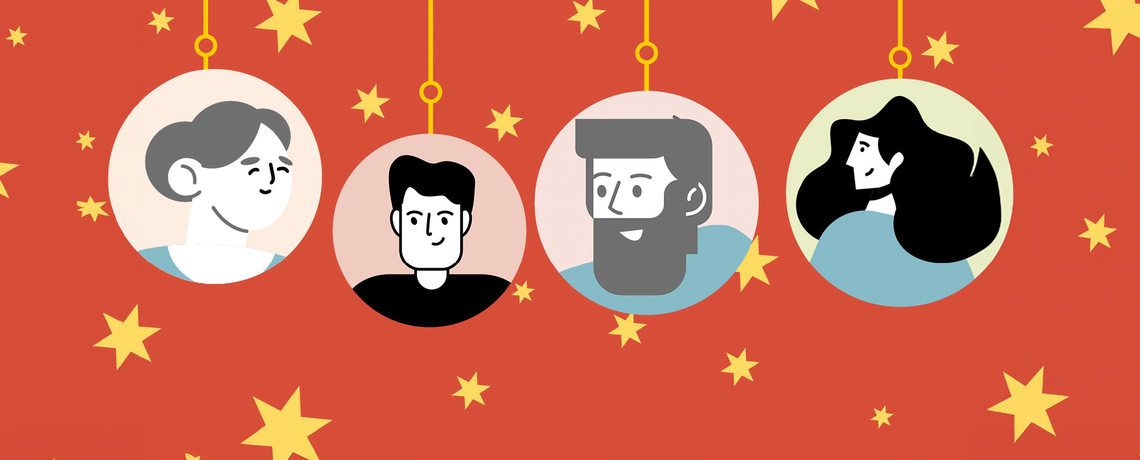 Grafischer Hintergrund indem Personen in Weihnachtskugeln abgebildet sind. Der Hintergrund ist Rot und hat goldene Weihnachtssterne