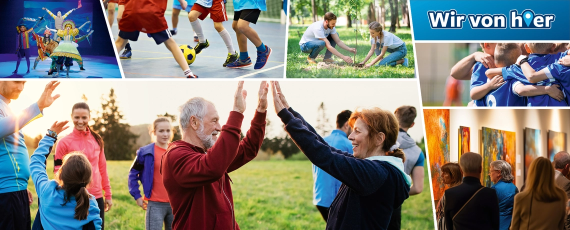 Wir von hier–Bildercollage mit verschiedenen Aktivitäten wie Sport, Kultur und Naturschutz.