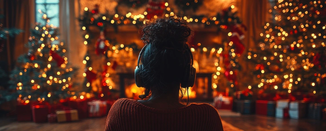 Frau mit Kopfhörern im weihnachtliche geschmückten Raum