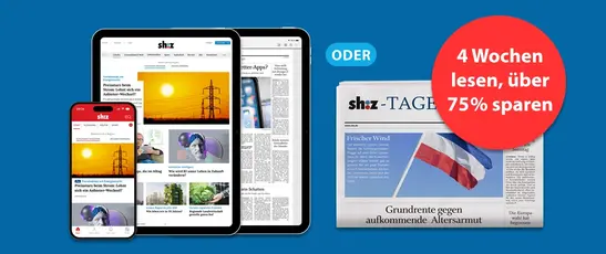 Abbildung der digitalen Produkte des sh:z mit gedruckter Zeitung. Darüber ein "ODER" und roter Störer und Text "4 Wochen lesen, über 75% sparen"