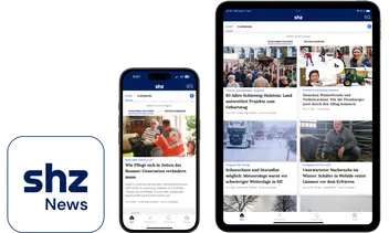 App Icon shz News und ein Computer und Smartphone mit der digitalen Zeitung