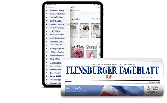 Tablet mit einer Artikelseite und eine Zeitungsrolle des Flensburger Tageblatts