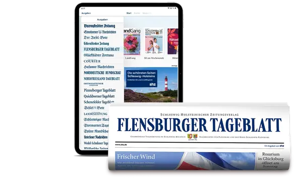 Tablet mit einer Artikelseite und eine Zeitungsrolle des Flensburger Tageblatts